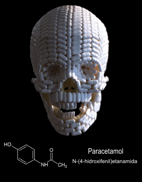 caveira e a estrutura molecular do paracetamol