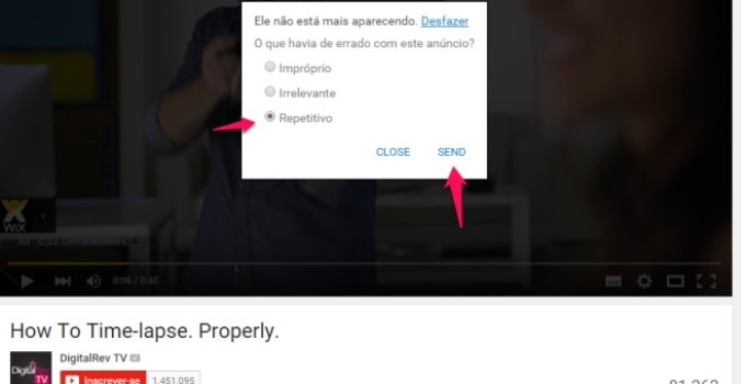 tela de opções do youtube