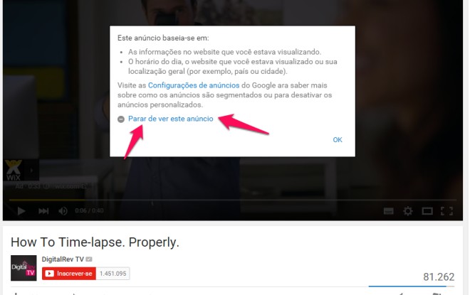 opção para não ver um anúncio no youtube